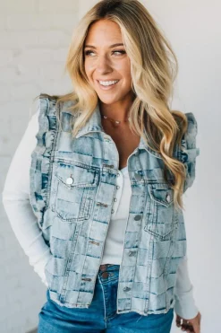 Rae Ruffle Accent Checked Denim Vest