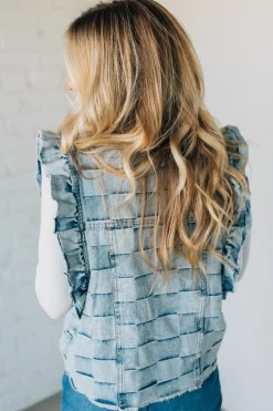 Rae Ruffle Accent Checked Denim Vest