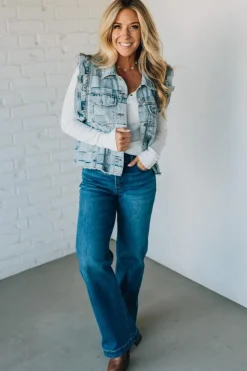 Rae Ruffle Accent Checked Denim Vest