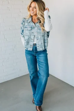 Rae Ruffle Accent Checked Denim Vest