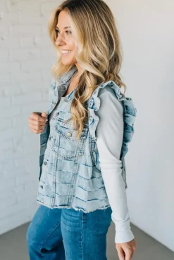Rae Ruffle Accent Checked Denim Vest