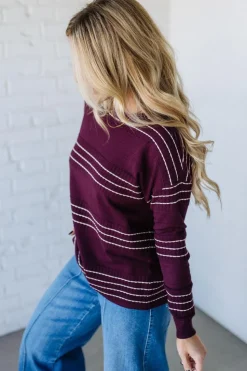 Ribbed and Striped Crew Neck Sweater | Dark Plum