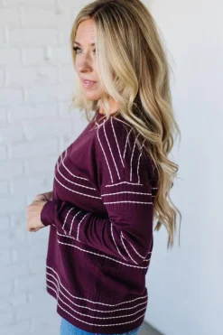Ribbed and Striped Crew Neck Sweater | Dark Plum