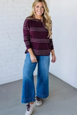 Ribbed and Striped Crew Neck Sweater | Dark Plum