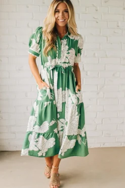 Rickrack Trimmed Print Henley Dress | Green