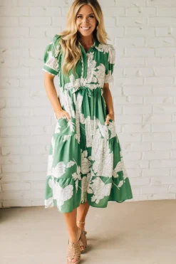 Rickrack Trimmed Print Henley Dress | Green