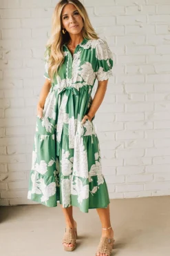 Rickrack Trimmed Print Henley Dress | Green