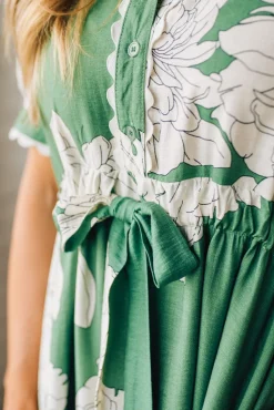 Rickrack Trimmed Print Henley Dress | Green