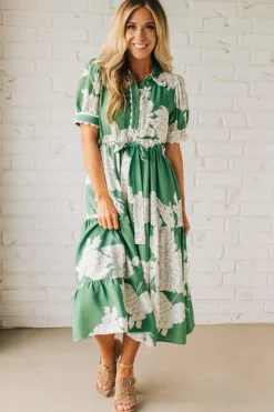 Rickrack Trimmed Print Henley Dress | Green