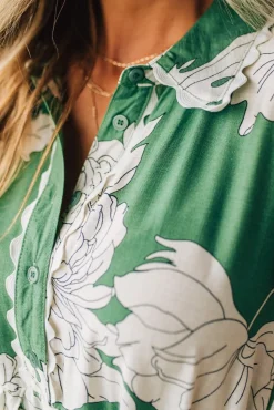 Rickrack Trimmed Print Henley Dress | Green