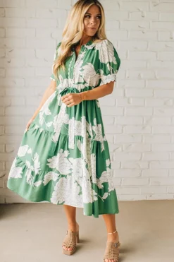 Rickrack Trimmed Print Henley Dress | Green