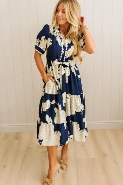 Rickrack Trimmed Print Henley Dress | Navy