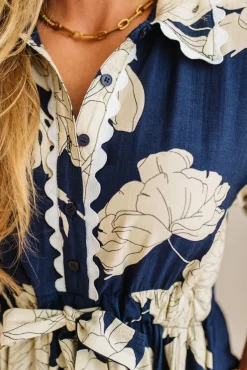 Rickrack Trimmed Print Henley Dress | Navy