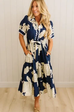 Rickrack Trimmed Print Henley Dress | Navy