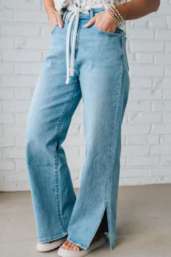 Sisiney Side Slit High Rise Drawstring Jeans - ANNIEWEAR
