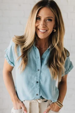 Striped Tencel Button Front Top