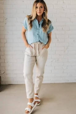 Striped Tencel Button Front Top