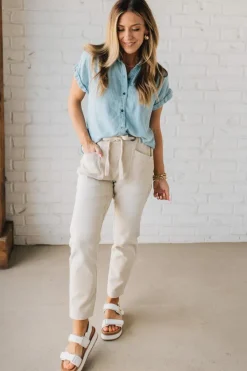 Striped Tencel Button Front Top