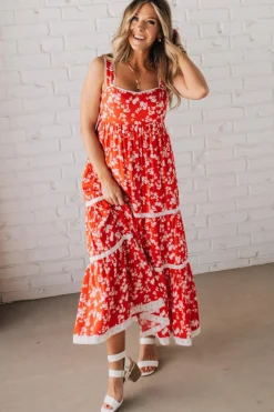 Sweetheart Trimmed Tiered Midi Dress