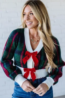 Velvet Bow Plaid Sweater