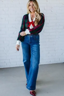 Velvet Bow Plaid Sweater