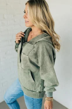 Zip Henley Acid Wash Fleece Hoodie