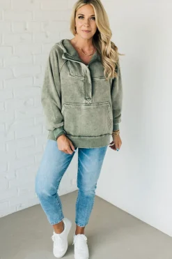 Zip Henley Acid Wash Fleece Hoodie
