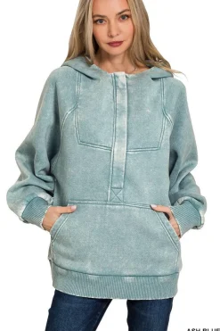 Zip Henley Acid Wash Fleece Hoodie