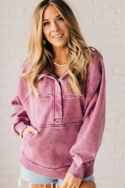 Zip Henley Acid Wash Fleece Hoodie